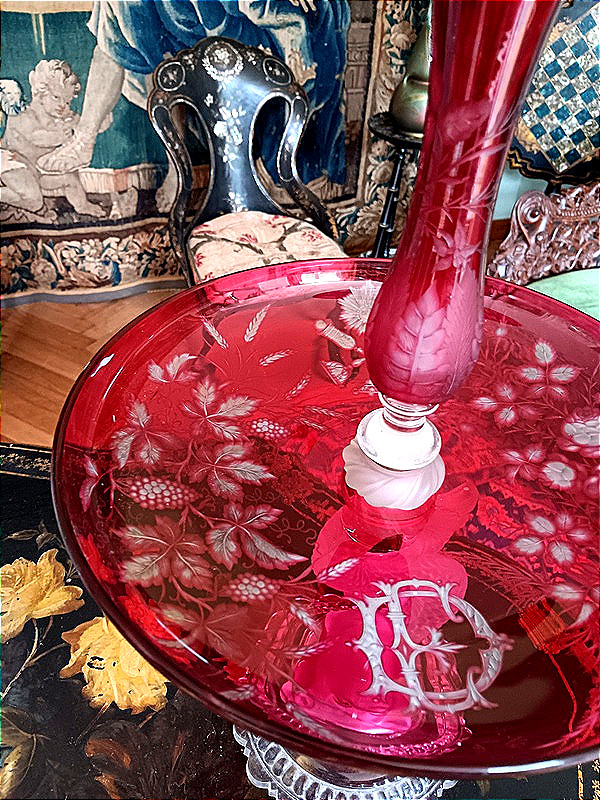 Baccarat Coupe vase centre de table Présentoir serviteur Art nouveau Cristal Doublé Rouge -photo-3