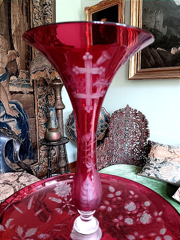 Baccarat Coupe vase centre de table Présentoir serviteur Art nouveau Cristal Doublé Rouge -photo-1
