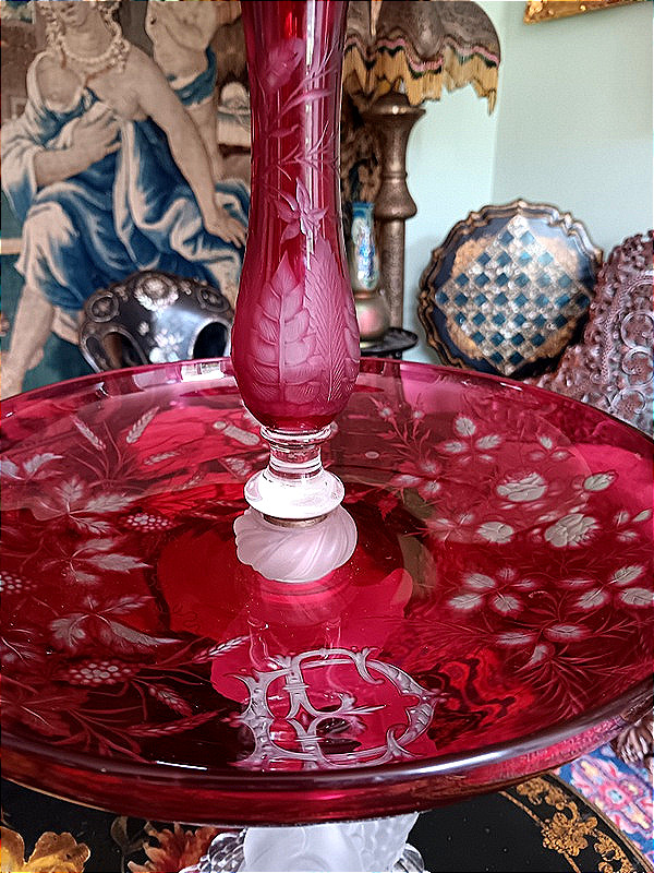 Baccarat Coupe vase centre de table Présentoir serviteur Art nouveau Cristal Doublé Rouge -photo-2