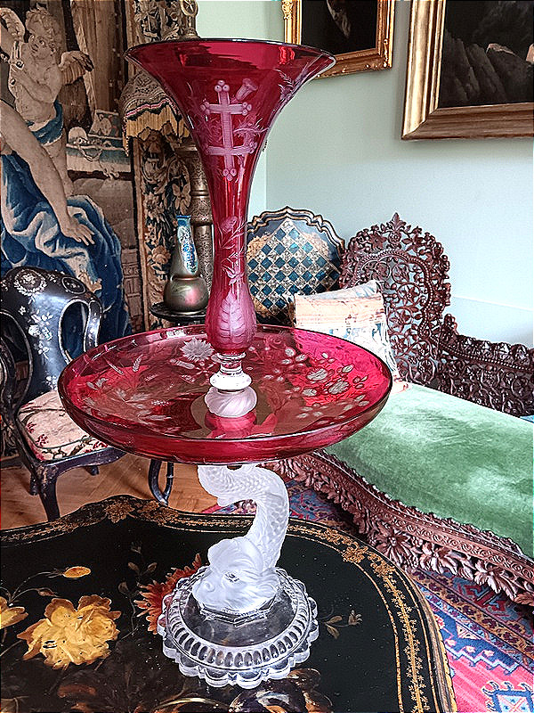 Baccarat Coupe vase centre de table Présentoir serviteur Art nouveau Cristal Doublé Rouge 
