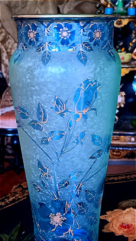 Baccarat et Emile Bourgeois Paris Vase cristal Ouraline Art nouveau décor de roses d'églantier-photo-2