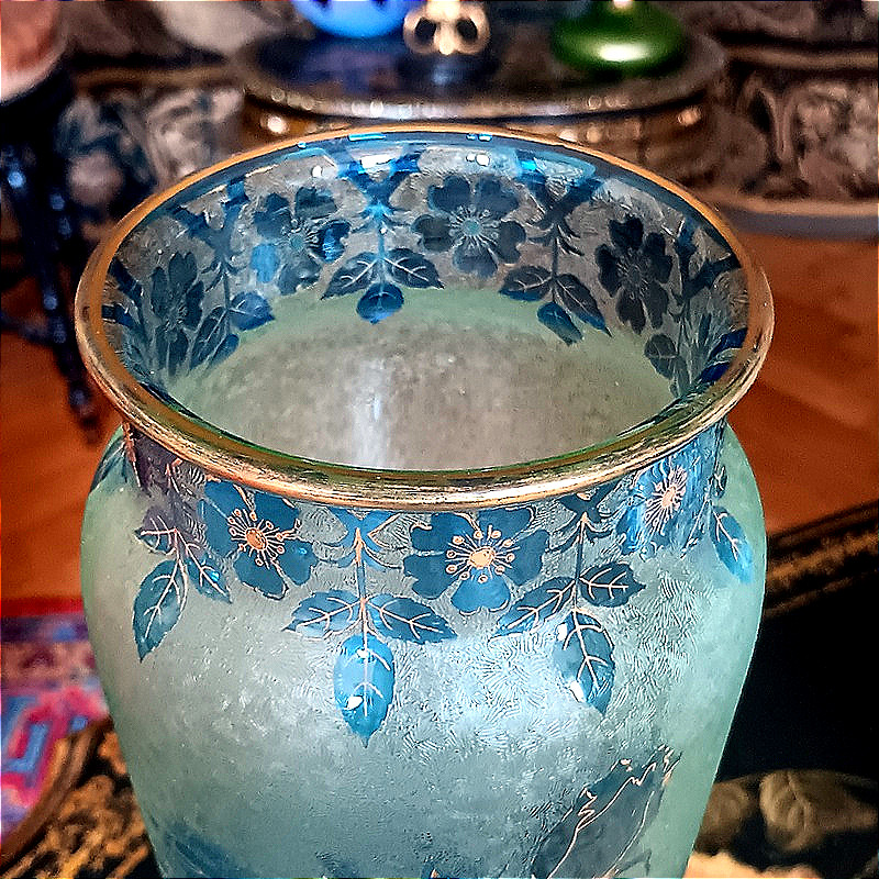 Baccarat et Emile Bourgeois Paris Vase cristal Ouraline Art nouveau décor de roses d'églantier-photo-4