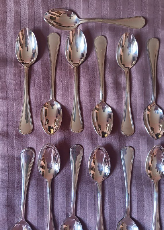 Belle suite de 14 cuillères à café ou thé top qualité en métal argenté jamais servi-photo-4