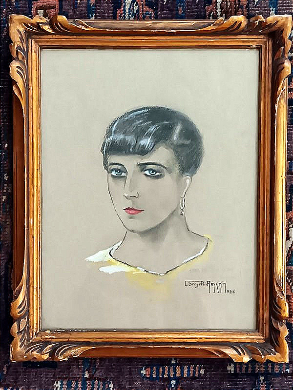Portrait de jeune femme dessin Art déco au fusain et à la gouache 