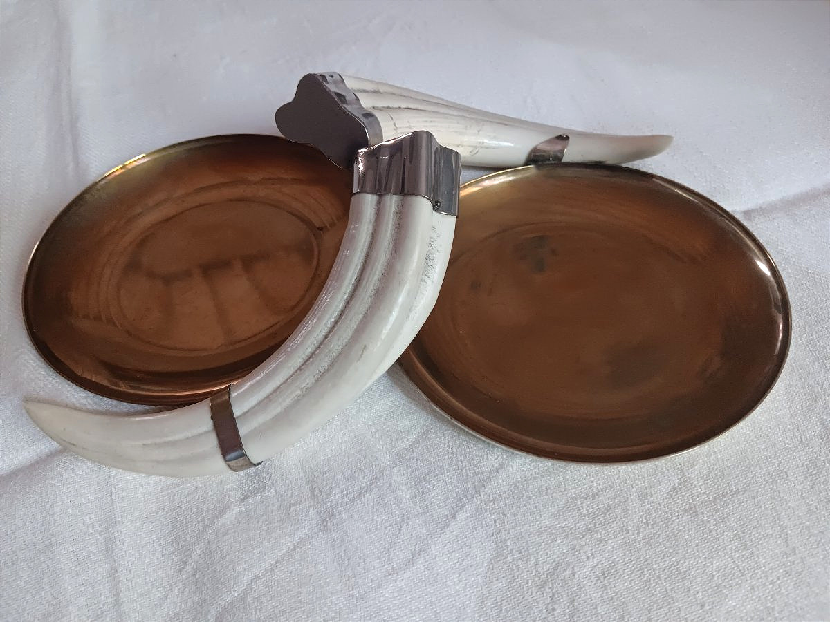  Vide poche avec 2 Défenses dents De Phacochère coupe Double 29, 7 cm Art déco-photo-2