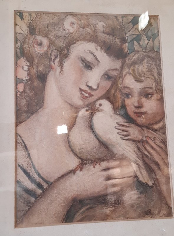 Maternité à l'aquarelle d'époque Art déco  datée de 1936 représentant une mère et son enfant-photo-1