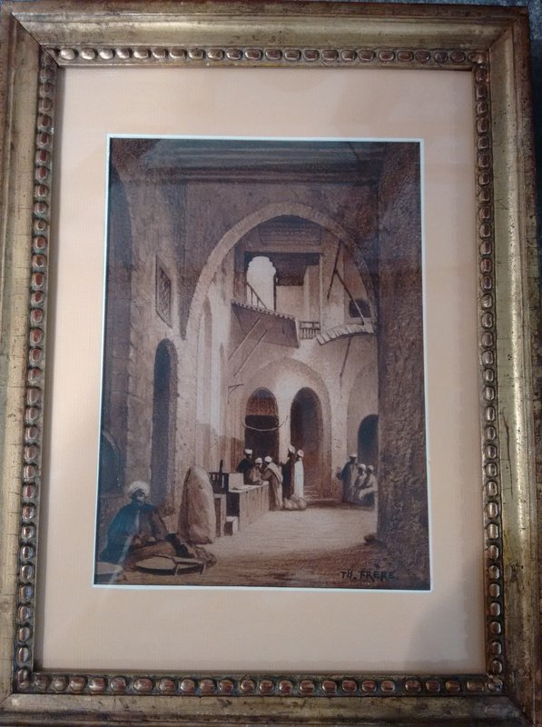 Charles-théodore Frère (paris 1814 - 1888) Interior Of A Khan In Cairo, Orientalist Drawing