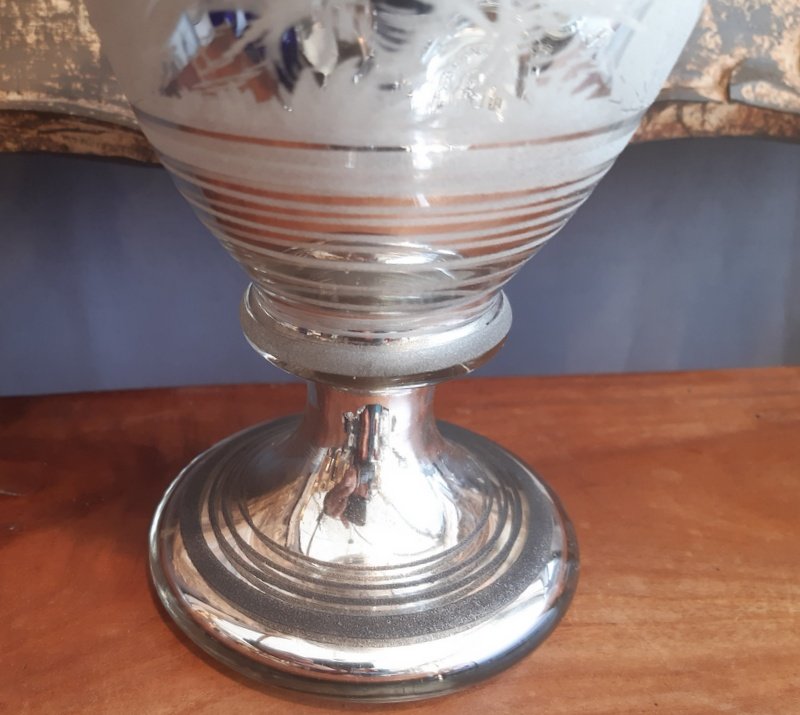Ancien Vase à l'Antique En Verre soufflé églomisé Mercurisé Décor Gravé De Végétation, Dindon Et Canard XIXème siècle-photo-3