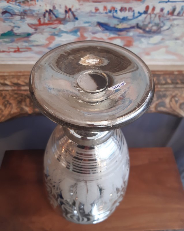 Ancien Vase à l'Antique En Verre soufflé églomisé Mercurisé Décor Gravé De Végétation, Dindon Et Canard XIXème siècle-photo-4