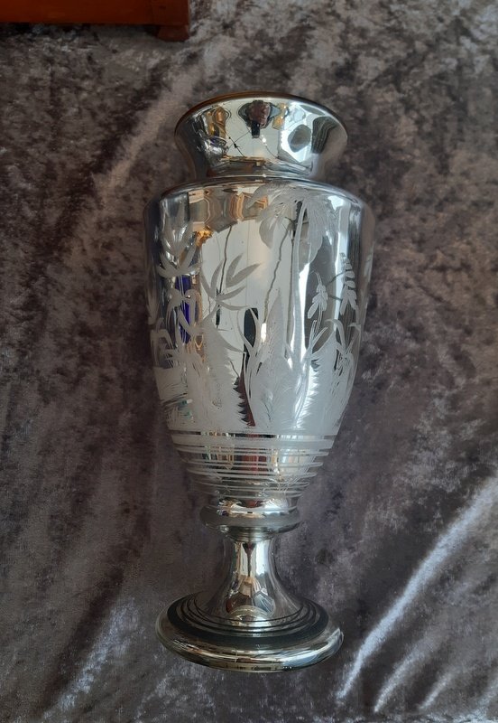 Ancien Vase à l'Antique En Verre soufflé églomisé Mercurisé Décor Gravé De Végétation, Dindon Et Canard XIXème siècle-photo-6