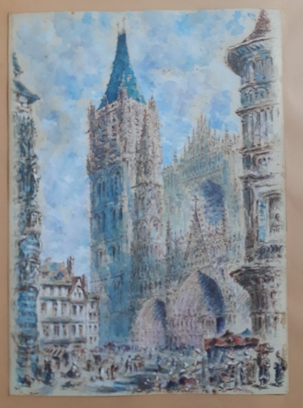 Rouen Cathedral And Its Square Animated Drawing In Watercolor And Gouache-photo-2