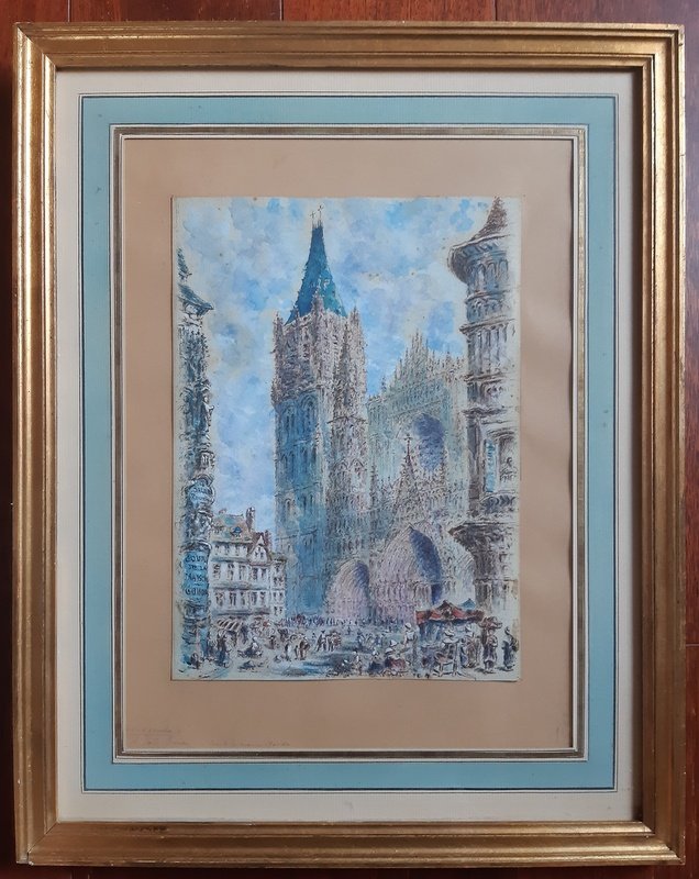 Rouen Cathedral And Its Square Animated Drawing In Watercolor And Gouache