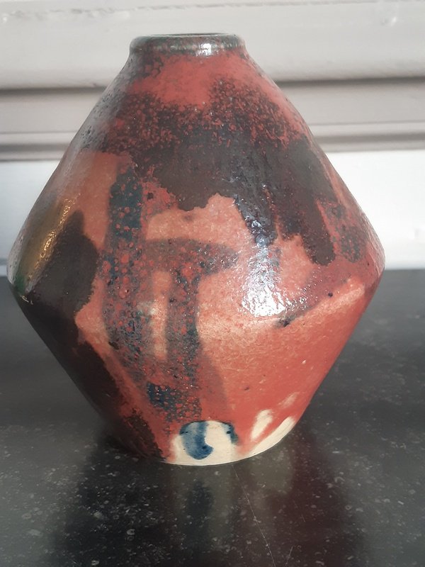 Toupie Vase In Glazed Stoneware Covered Beef Blood Red With Ring Neck-photo-4