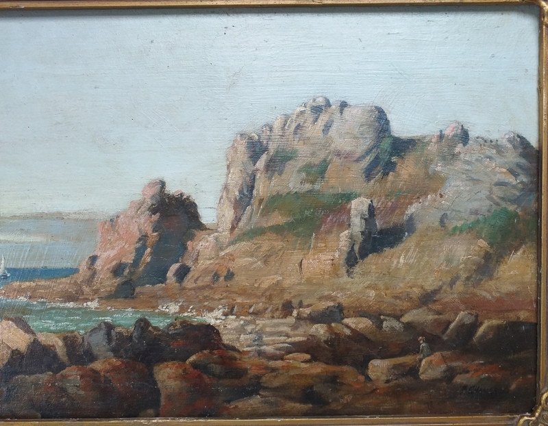 Andrée Chameron (1894- 1985) Près de la Baie de Perros-Guirec côte rocheuse bord de mer en Bretagne huile sur panneau marine-photo-4