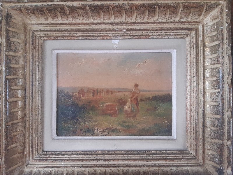 Charming Oil On Wood Panel Representing A Country Scene After Ridgway Knight