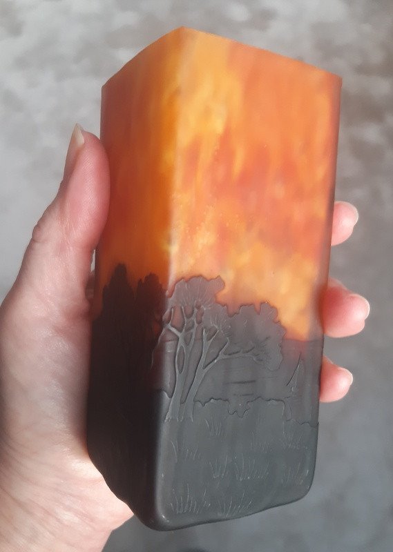Daum Nancy Vase Art Nouveau 1900 à Pans Carrés Décor De Paysage Lacustre Au Coucher Du Soleil-photo-4