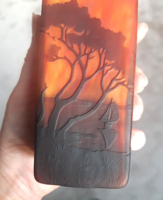 Daum Nancy Vase Art Nouveau 1900 à Pans Carrés Décor De Paysage Lacustre Au Coucher Du Soleil-photo-2