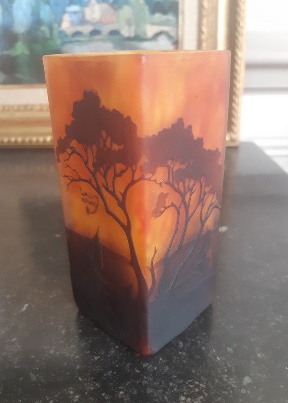 Daum Nancy Vase Art Nouveau 1900 à Pans Carrés Décor De Paysage Lacustre Au Coucher Du Soleil-photo-2