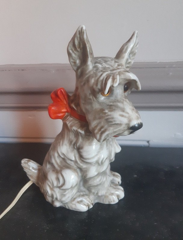 Veilleuse Chien Au Noeud Rouge Scottish Terrier écossais En Porcelaine