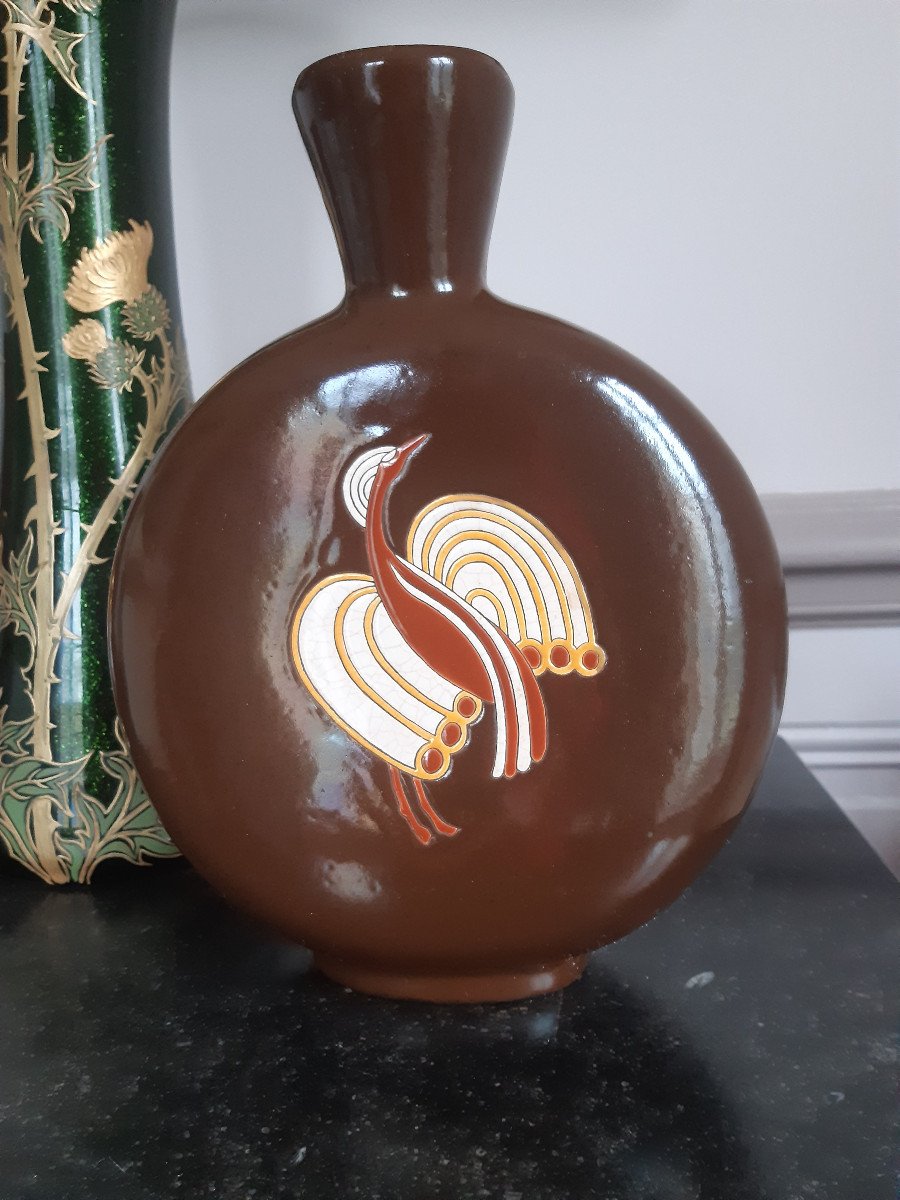 Longwy Art Deco Gourd Vase Circa 1930 Bird Of Paradise Phoenix By Jean Luce-photo-2