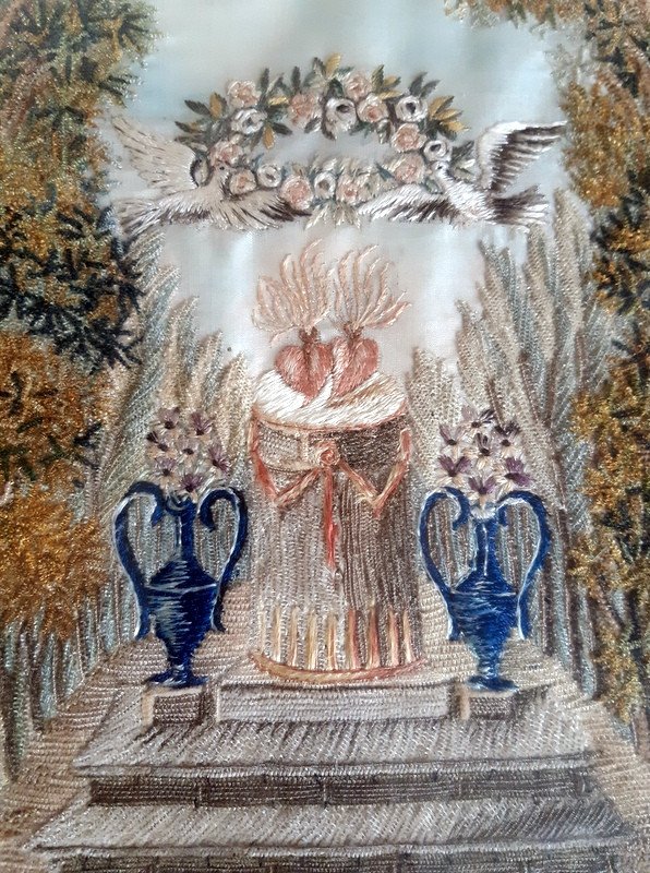 Broderie De Mariage En Soie Aux Coeurs Enflammés Et Guirlande De Fleurs d'époque Empire Restauration début XIXème siècle-photo-5
