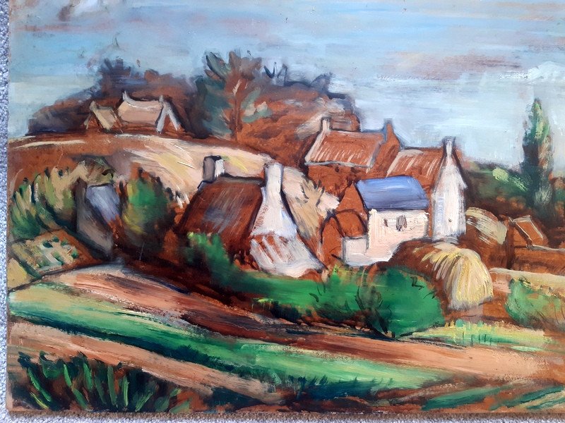 Tableau Huile Sur Isorel Vue d'Un Charmant Hameau Dans La Campagne époque Art Déco Vers 1930-1940-photo-4