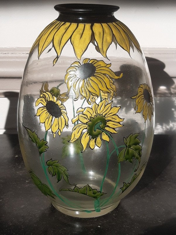 Rare Vase With Sunflowers Cristallerie De Pantin Art Nouveau-photo-4