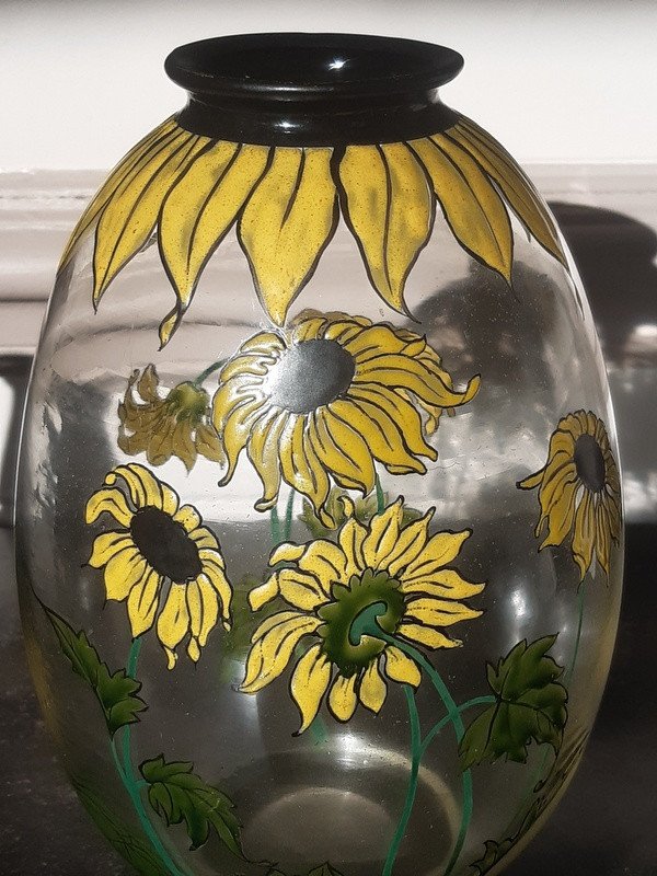 Rare Vase With Sunflowers Cristallerie De Pantin Art Nouveau-photo-1
