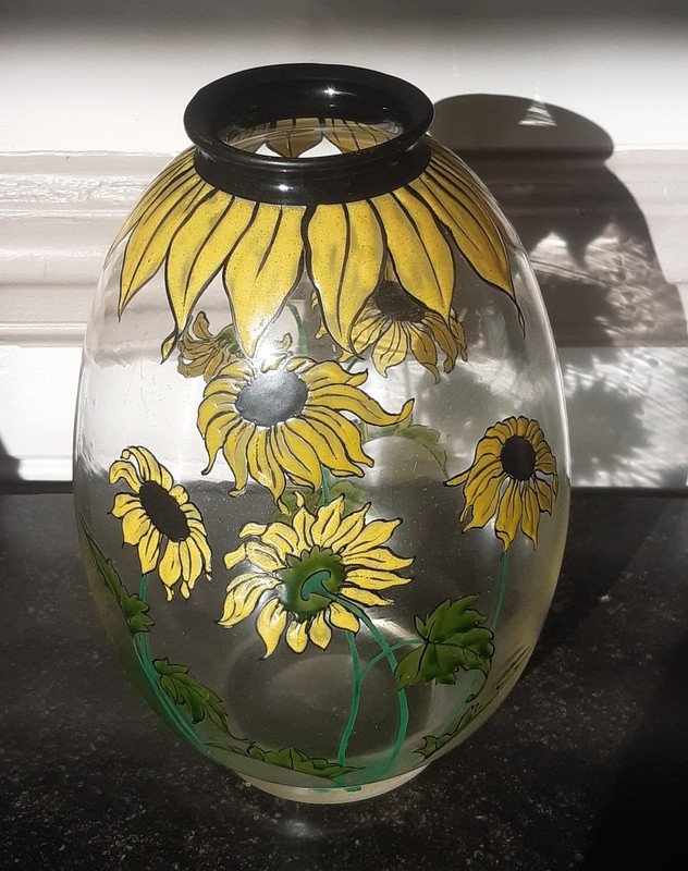 Rare Vase With Sunflowers Cristallerie De Pantin Art Nouveau