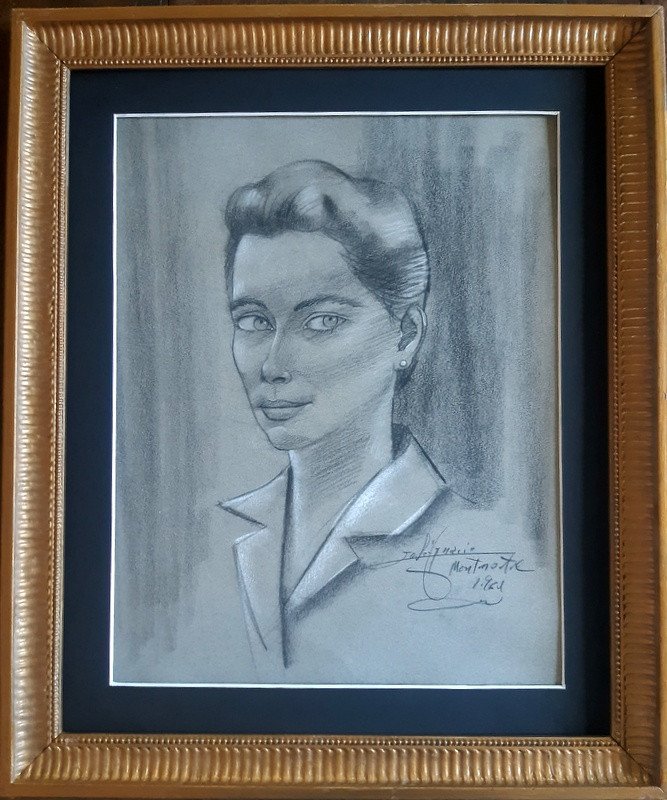 Portrait d'Une Jeune Femme Dessin Au Fusain Paris Montmartre  Place du Tertre Années 1960-photo-2