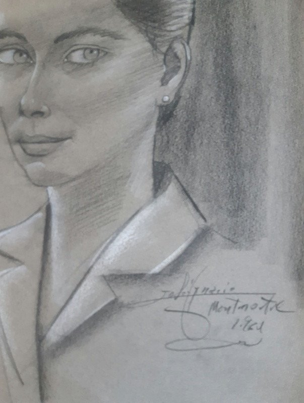 Portrait d'Une Jeune Femme Dessin Au Fusain Paris Montmartre  Place du Tertre Années 1960-photo-3