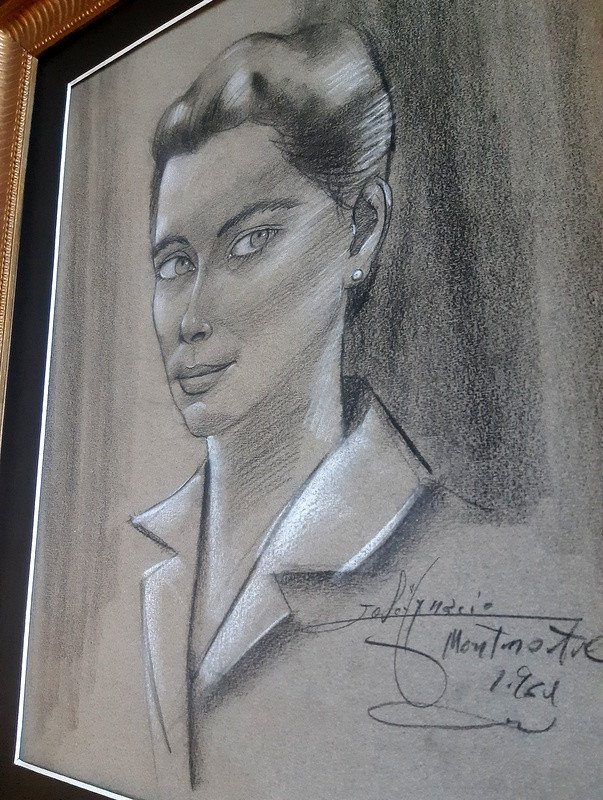 Portrait d'Une Jeune Femme Dessin Au Fusain Paris Montmartre  Place du Tertre Années 1960-photo-4