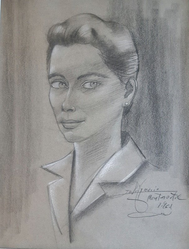 Portrait d'Une Jeune Femme Dessin Au Fusain Paris Montmartre  Place du Tertre Années 1960-photo-2