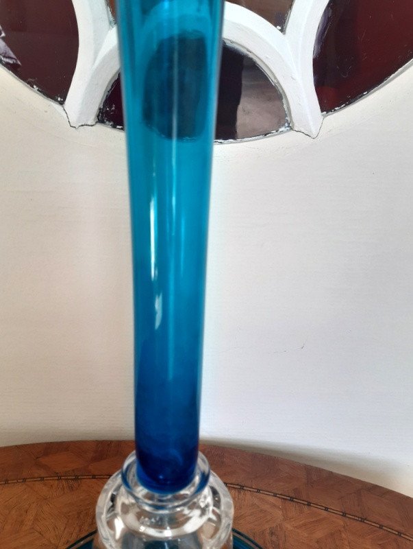 Large Cornet Legras Vase In Turkish Blue Blown Glass 50 Cm Creation For The Universe Exhibition Paris De 1889-photo-3