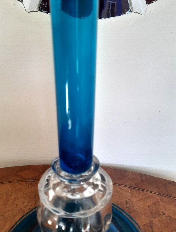 Large Cornet Legras Vase In Turkish Blue Blown Glass 50 Cm Creation For The Universe Exhibition Paris De 1889-photo-2