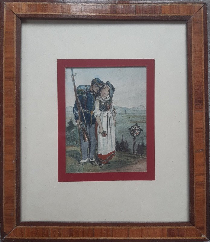 Portrait Of A Young Couple Of Alsatians Print Watercolor XIXth Century-photo-2