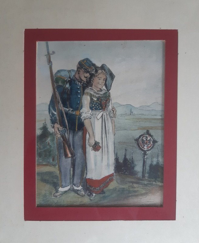 Portrait Of A Young Couple Of Alsatians Print Watercolor XIXth Century-photo-3