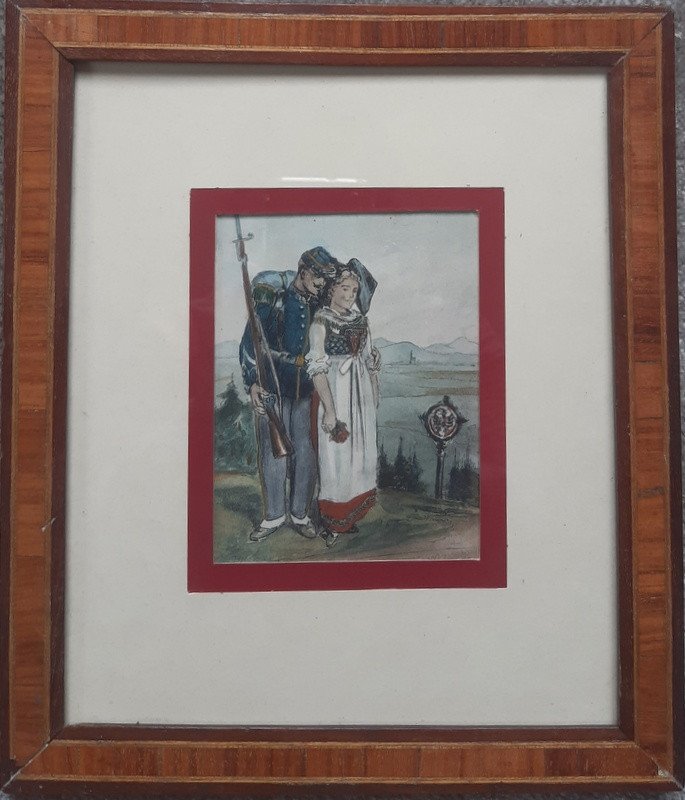 Portrait d'Un Jeune Couple d'Alsaciens Estampe Aquarelle XIXème Siècle