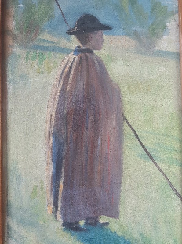 André-Eugène Costilhes (1865-1940) Petit berger pâtre au chapeau huile sur toile-photo-1