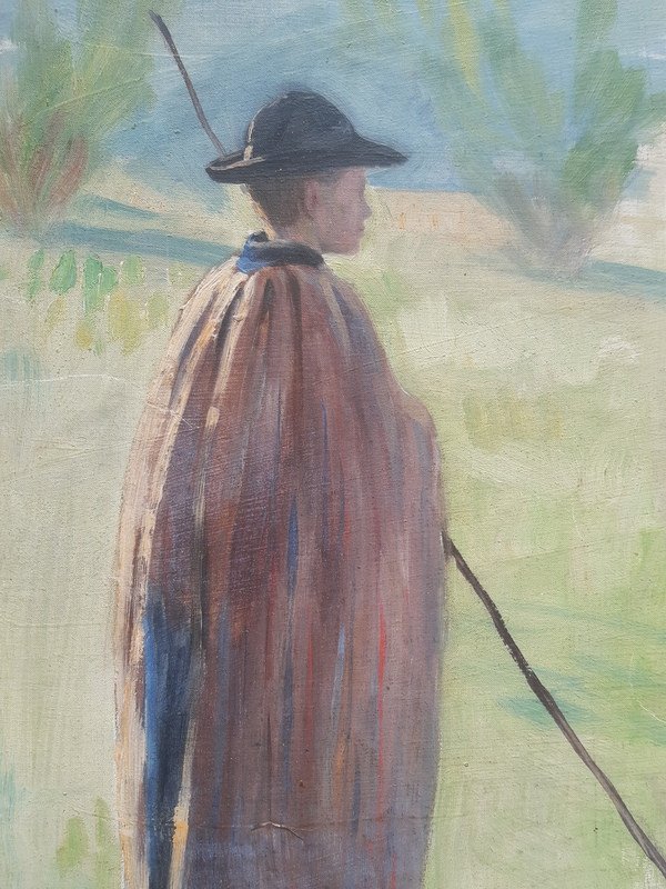 André-Eugène Costilhes (1865-1940) Petit berger pâtre au chapeau huile sur toile-photo-5