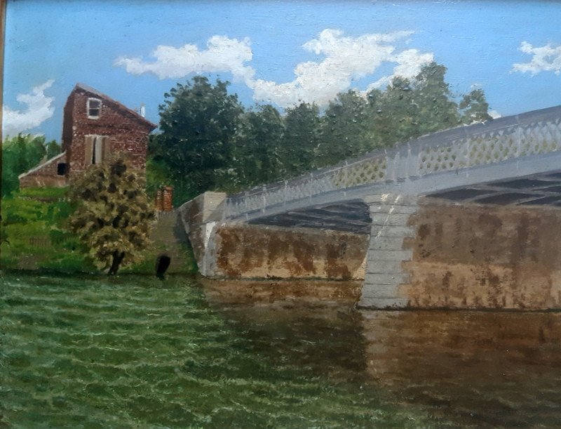 Ravissant Petit Tableau Peinture Pont Métallique Sur La Seine Et Maison De Briques-photo-2