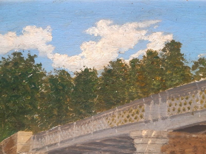 Ravissant Petit Tableau Peinture Pont Métallique Sur La Seine Et Maison De Briques-photo-3