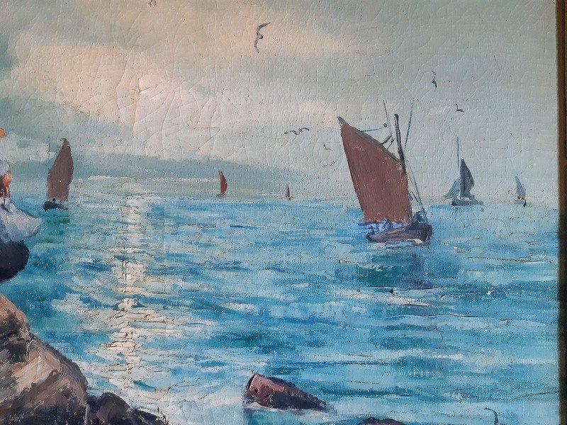 Return From Fishing In Brittany Rocky Coast Seaside Oil On Canvas Marine Painting Table-photo-3