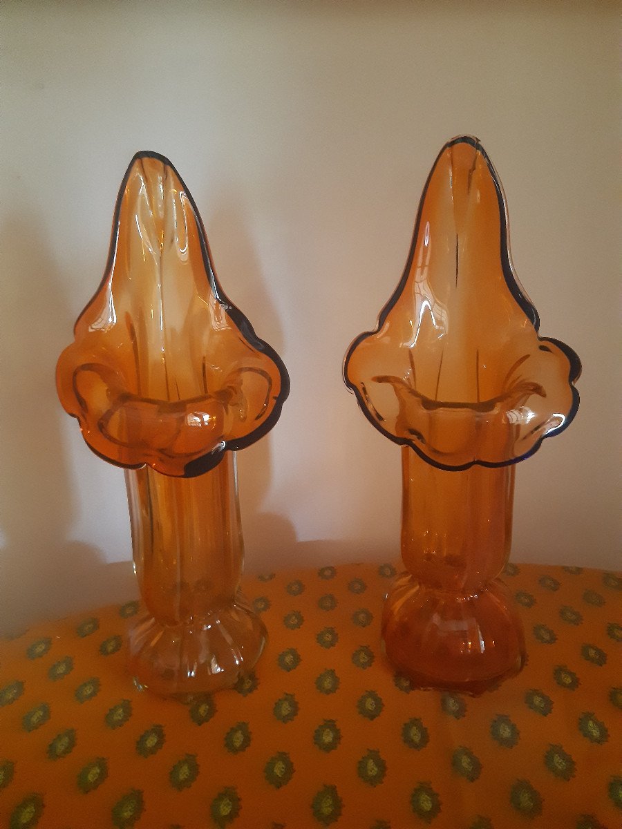 Belle Paire De Vases Bouquetiers De Murano Orangés Bordés Bleu Cobalt vase De Forme Naturaliste Vers 1940 1950