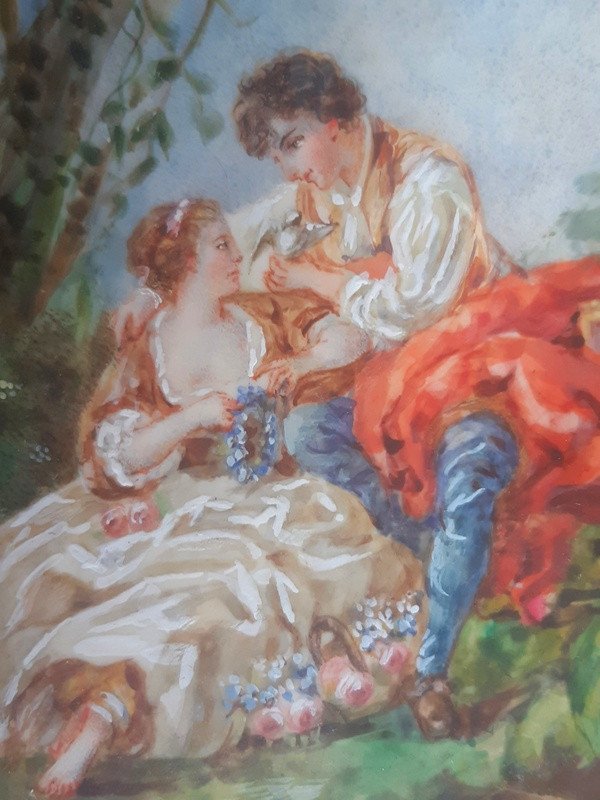 Ravissante Miniature à La Gouache d'Une Jeune Femme Et d'Un Jeune Homme Couple Scène Galante-photo-3
