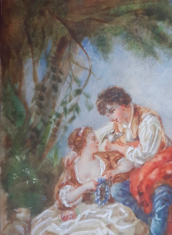 Lovely Gouache Miniature Of A Young Woman And A Young Man Couple Gallant Scene-photo-4