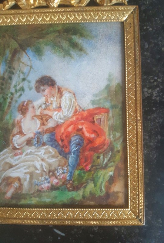 Ravissante Miniature à La Gouache d'Une Jeune Femme Et d'Un Jeune Homme Couple Scène Galante-photo-2