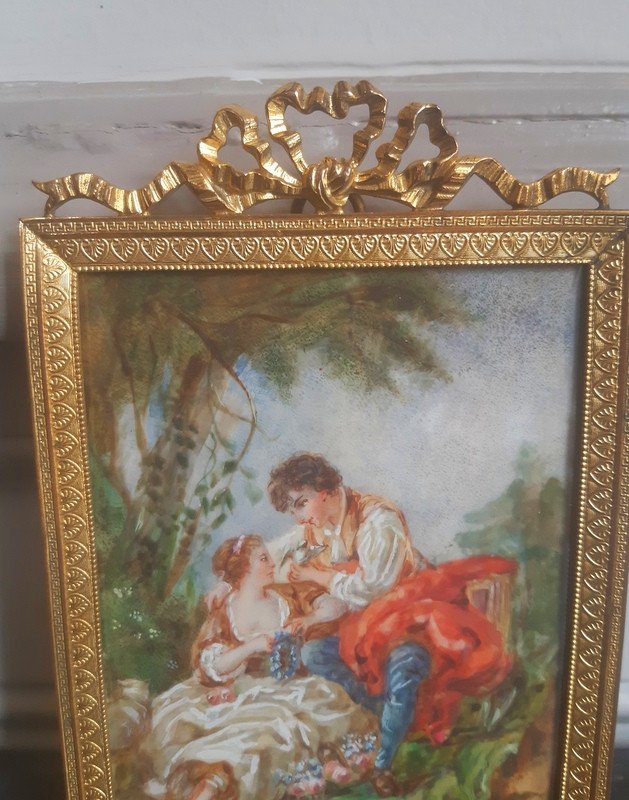 Lovely Gouache Miniature Of A Young Woman And A Young Man Couple Gallant Scene-photo-4