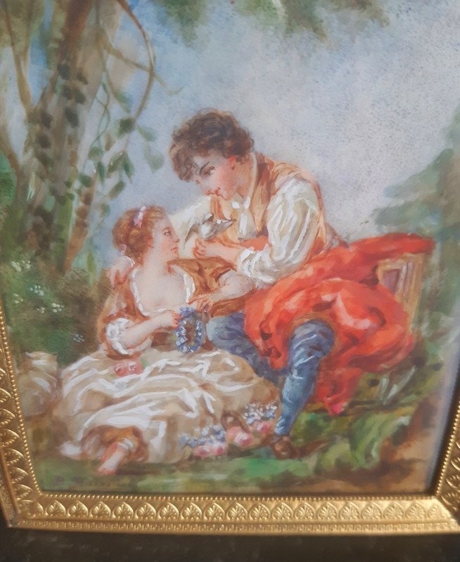 Ravissante Miniature à La Gouache d'Une Jeune Femme Et d'Un Jeune Homme Couple Scène Galante-photo-5