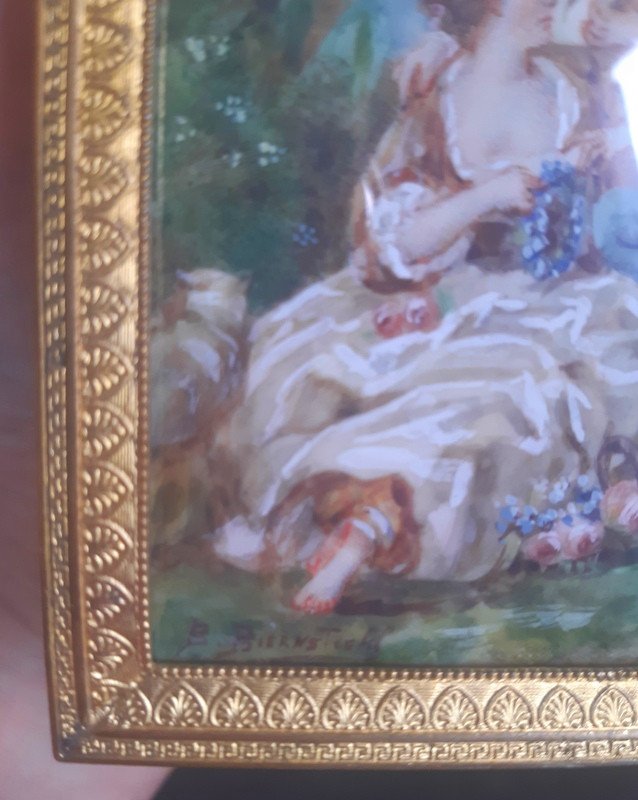 Ravissante Miniature à La Gouache d'Une Jeune Femme Et d'Un Jeune Homme Couple Scène Galante-photo-6